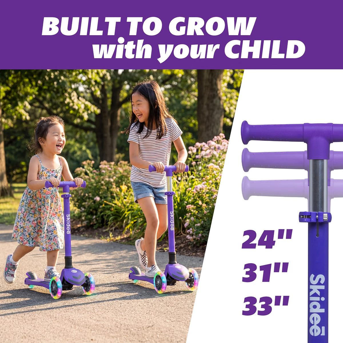 SKIDEE Kids 3-Wheel Scooter, Foldable, Adjustable Height, LED Wheels