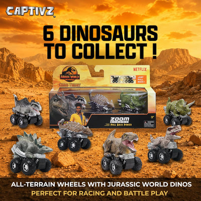 Jurassic World Chaos Theory Zoom Riders 3 Mystery Dinosaur Toys for Kids 3+