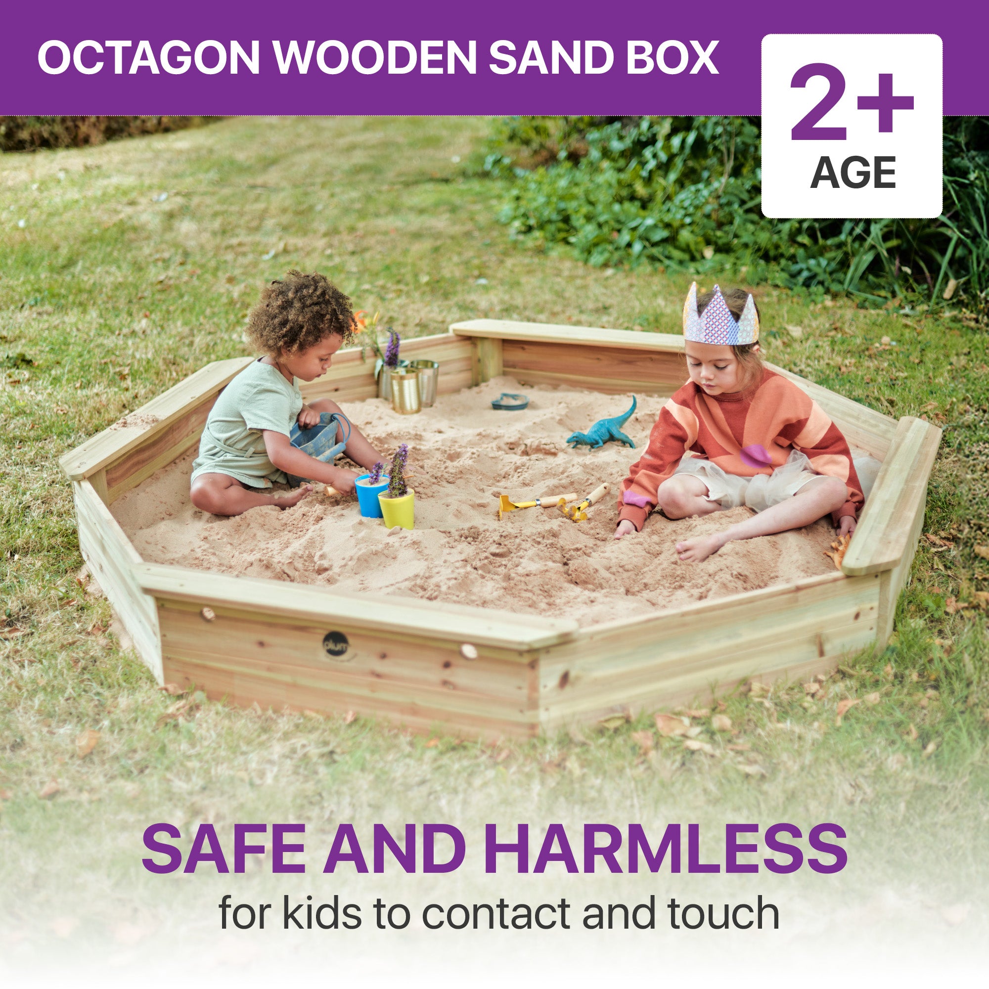 Plum Wooden Large Sandbox with Cover - Outdoor Octagon Sand Box for Kids, Toddler Sensory Toys