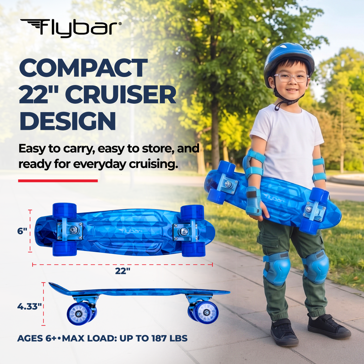 Flybar 22 Inch Kids Skateboard – Mini Cruiser Skateboards for Kids Ages 6-12, Outdoor Toys, Lightweight, Durable, Non-Slip Deck, ABEC-7 Bearings, Holds up to 175 lbs