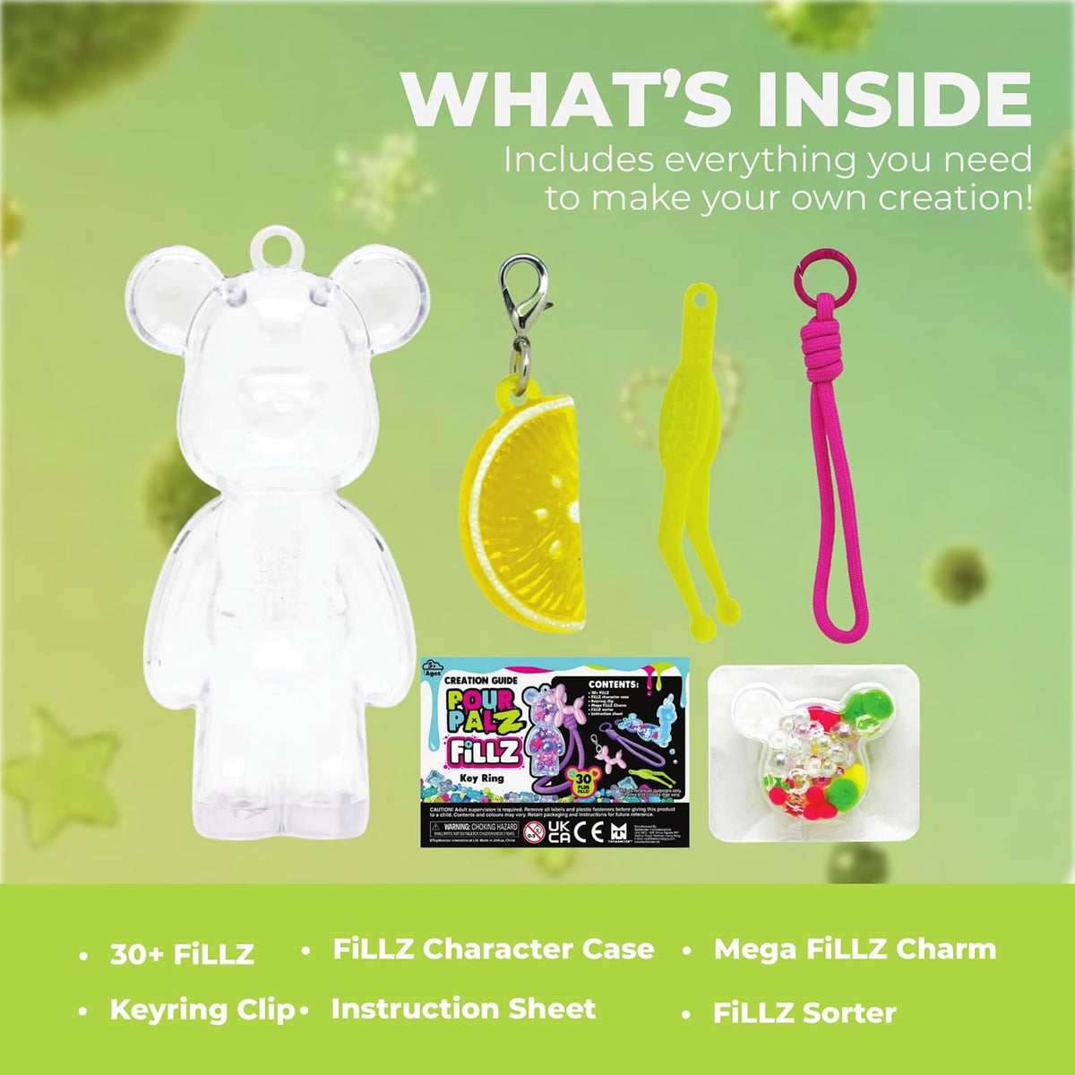 Pour Palz Fillz Mini Bear Keychain Kit, 30-Piece DIY Charm for Kids Ages 5+