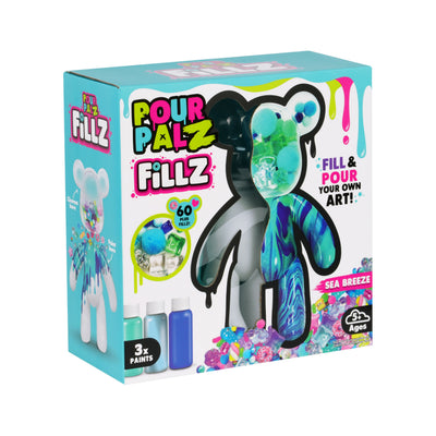 Fillz Large Bear DIY Acrylic Pouring Paint Craft Set Kids Ages 5+, Includes 60 Piece Charms, Clear Head Shows Designs, Adjustable Limbs Support Collecting, Keepsake Styling &amp; Decor, Sea Breeze, Star Dust, and Summer Vibes.