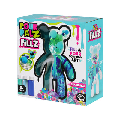 Fillz Large Bear DIY Acrylic Pouring Paint Craft Set Kids Ages 5+, Includes 60 Piece Charms, Clear Head Shows Designs, Adjustable Limbs Support Collecting, Keepsake Styling &amp; Decor, Sea Breeze, Star Dust, and Summer Vibes.