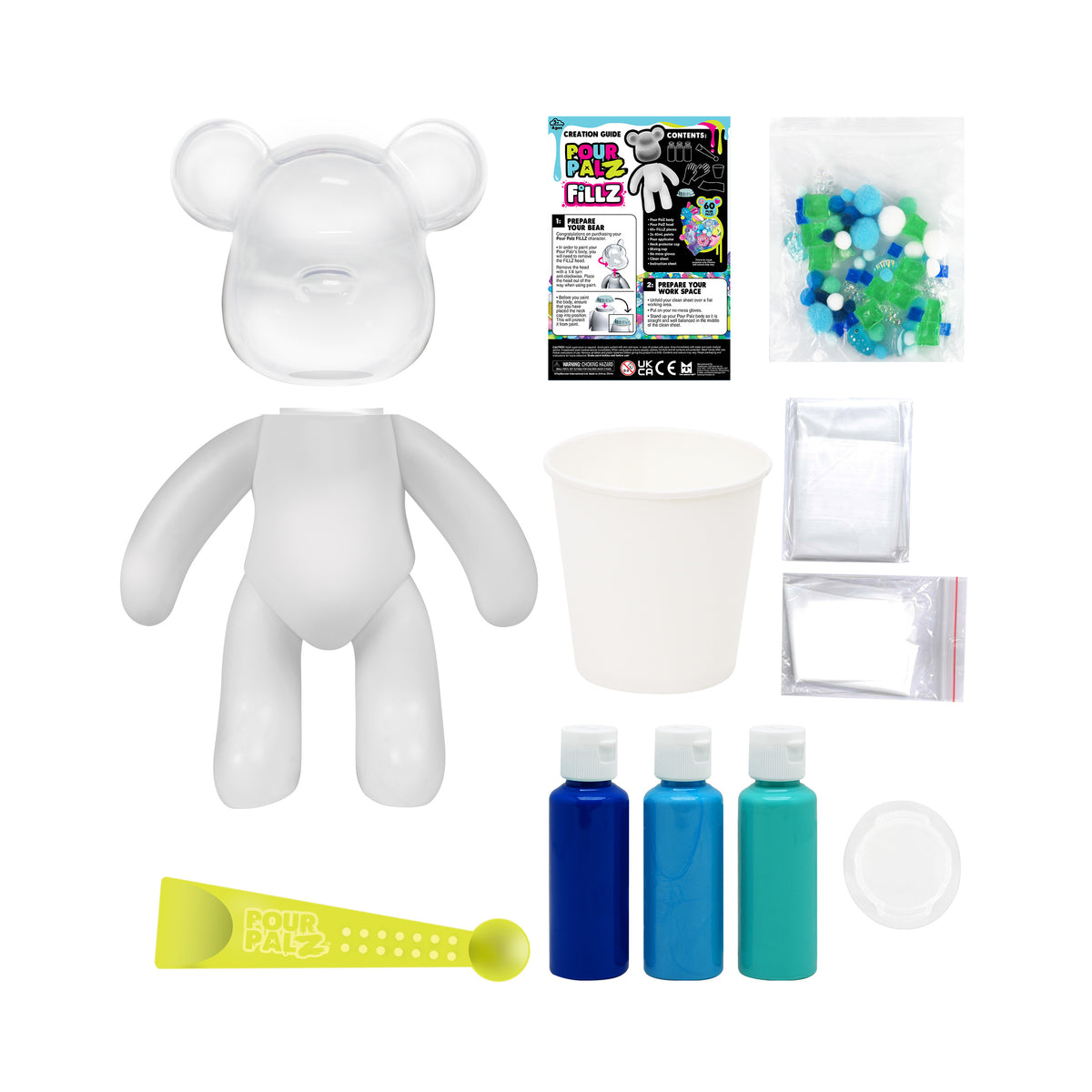 Fillz Large Bear DIY Acrylic Pouring Paint Craft Set Kids Ages 5+, Includes 60 Piece Charms, Clear Head Shows Designs, Adjustable Limbs Support Collecting, Keepsake Styling &amp; Decor, Sea Breeze, Star Dust, and Summer Vibes.