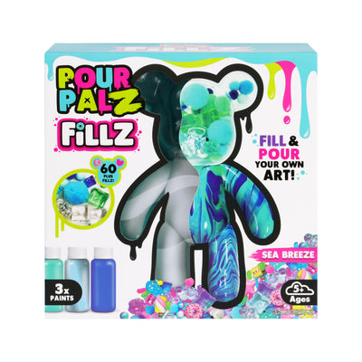 Fillz Large Bear DIY Acrylic Pouring Paint Craft Set Kids Ages 5+, Includes 60 Piece Charms, Clear Head Shows Designs, Adjustable Limbs Support Collecting, Keepsake Styling &amp; Decor, Sea Breeze, Star Dust, and Summer Vibes.