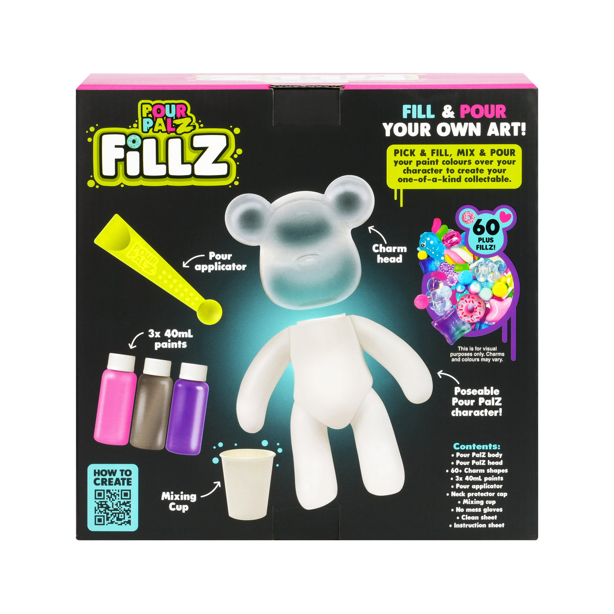 Fillz Large Bear DIY Acrylic Pouring Paint Craft Set Kids Ages 5+, Includes 60 Piece Charms, Clear Head Shows Designs, Adjustable Limbs Support Collecting, Keepsake Styling &amp; Decor, Sea Breeze, Star Dust, and Summer Vibes.