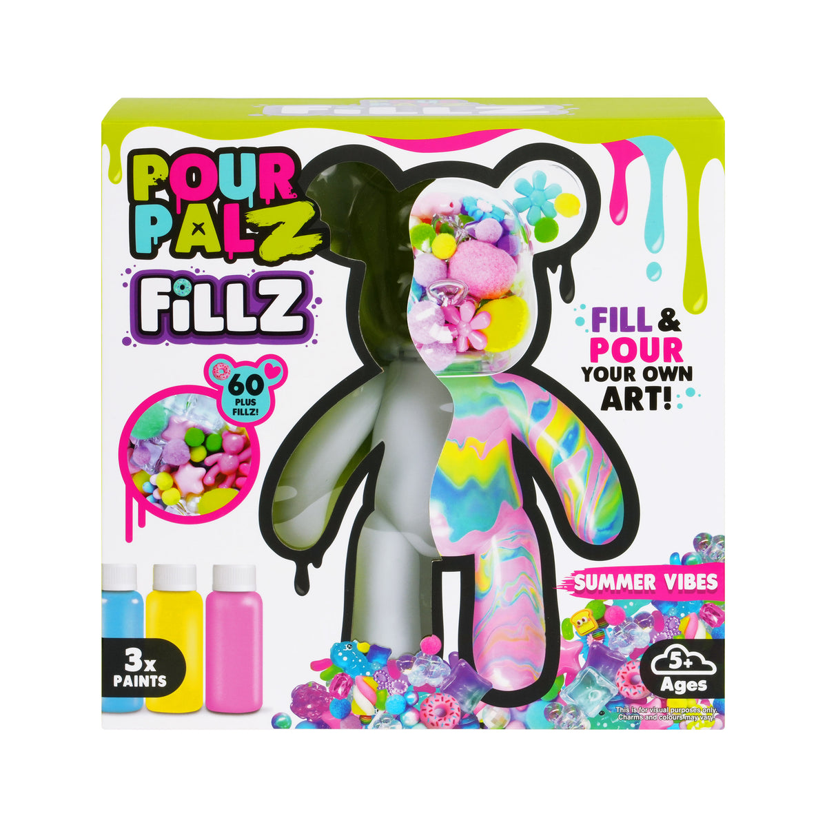 Fillz Large Bear DIY Acrylic Pouring Paint Craft Set Kids Ages 5+, Includes 60 Piece Charms, Clear Head Shows Designs, Adjustable Limbs Support Collecting, Keepsake Styling &amp; Decor, Sea Breeze, Star Dust, and Summer Vibes.