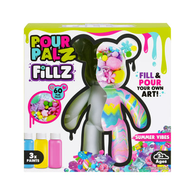 Fillz Large Bear DIY Acrylic Pouring Paint Craft Set Kids Ages 5+, Includes 60 Piece Charms, Clear Head Shows Designs, Adjustable Limbs Support Collecting, Keepsake Styling &amp; Decor, Sea Breeze, Star Dust, and Summer Vibes.
