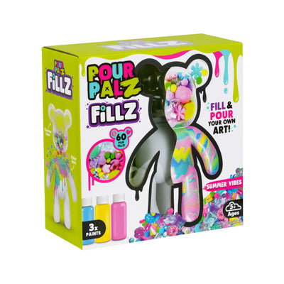 Fillz Large Bear DIY Acrylic Pouring Paint Craft Set Kids Ages 5+, Includes 60 Piece Charms, Clear Head Shows Designs, Adjustable Limbs Support Collecting, Keepsake Styling &amp; Decor, Sea Breeze, Star Dust, and Summer Vibes.