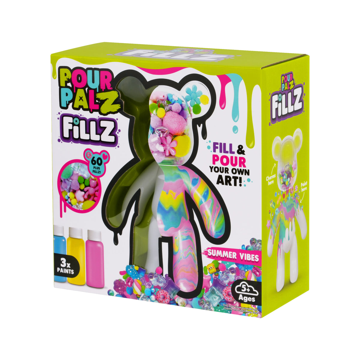 Fillz Large Bear DIY Acrylic Pouring Paint Craft Set Kids Ages 5+, Includes 60 Piece Charms, Clear Head Shows Designs, Adjustable Limbs Support Collecting, Keepsake Styling &amp; Decor, Sea Breeze, Star Dust, and Summer Vibes.