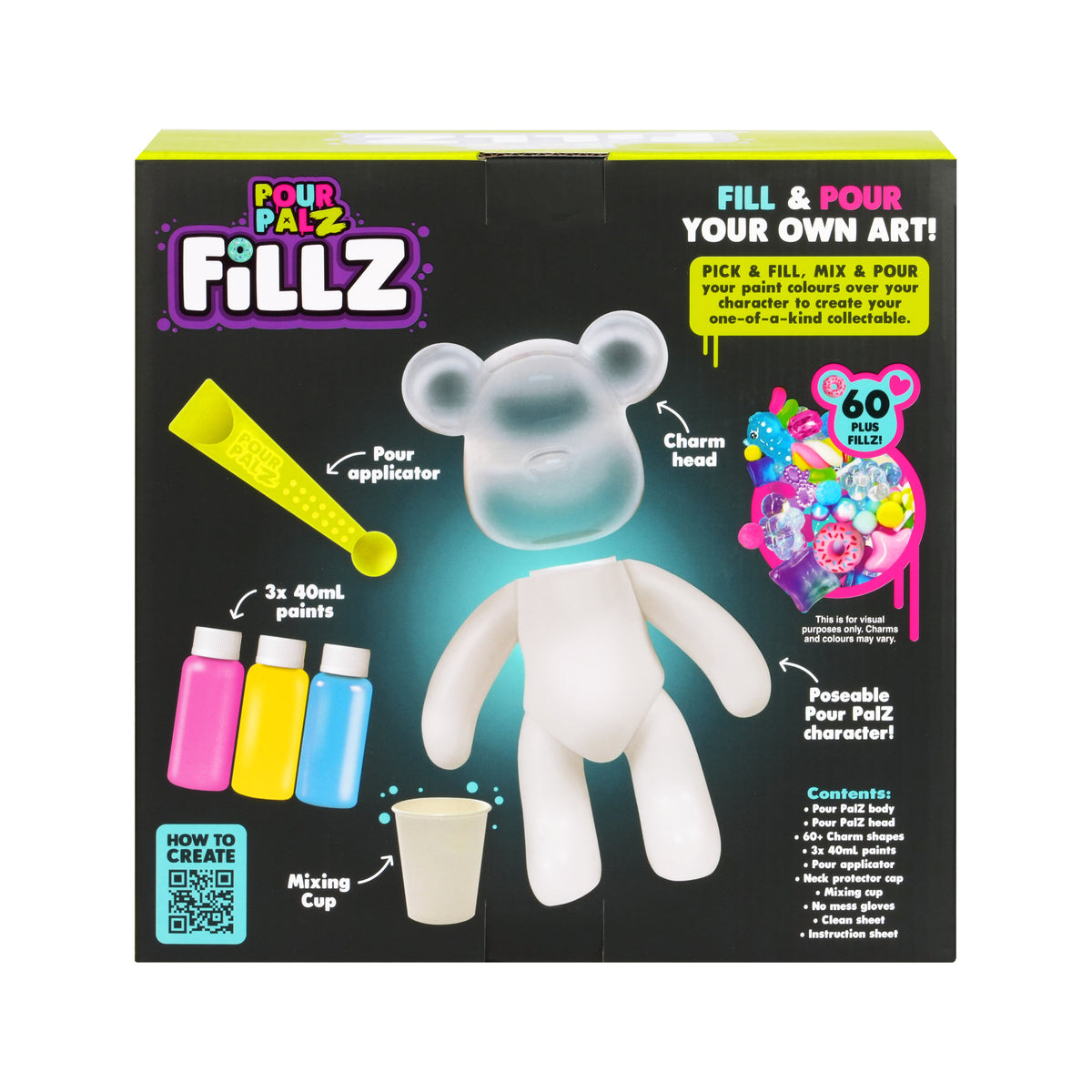 Fillz Large Bear DIY Acrylic Pouring Paint Craft Set Kids Ages 5+, Includes 60 Piece Charms, Clear Head Shows Designs, Adjustable Limbs Support Collecting, Keepsake Styling &amp; Decor, Sea Breeze, Star Dust, and Summer Vibes.