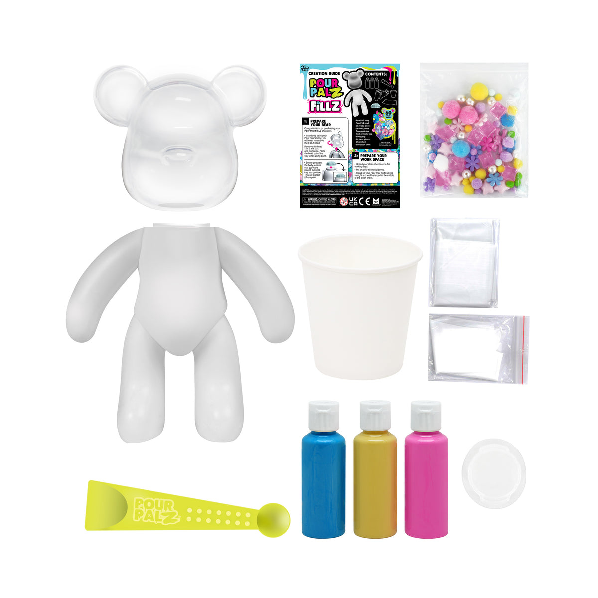 Fillz Large Bear DIY Acrylic Pouring Paint Craft Set Kids Ages 5+, Includes 60 Piece Charms, Clear Head Shows Designs, Adjustable Limbs Support Collecting, Keepsake Styling &amp; Decor, Sea Breeze, Star Dust, and Summer Vibes.
