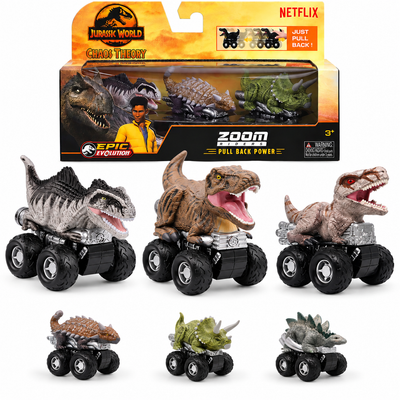 Jurassic World Chaos Theory Zoom Riders 3 Mystery Dinosaur Toys for Kids 3+