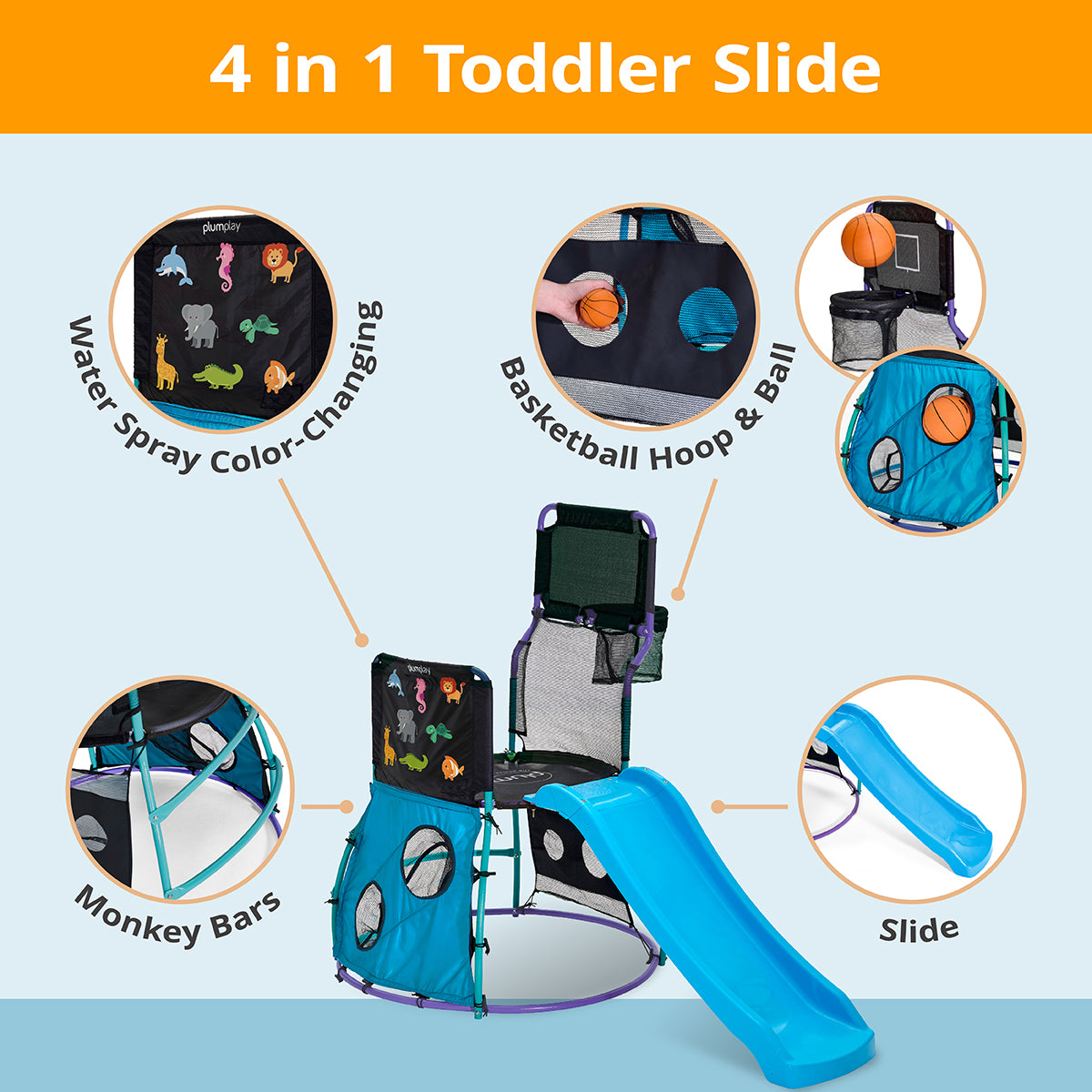 Plum 4 in 1 Toddler Slide with Basketball Hoop - Outdoor Toys for Kids, Baby Climber Playset, Playground Sets for Backyards with Ball, Water Play Wall, Sturdy, Durable, Weatherproof, Ages 18+ Months