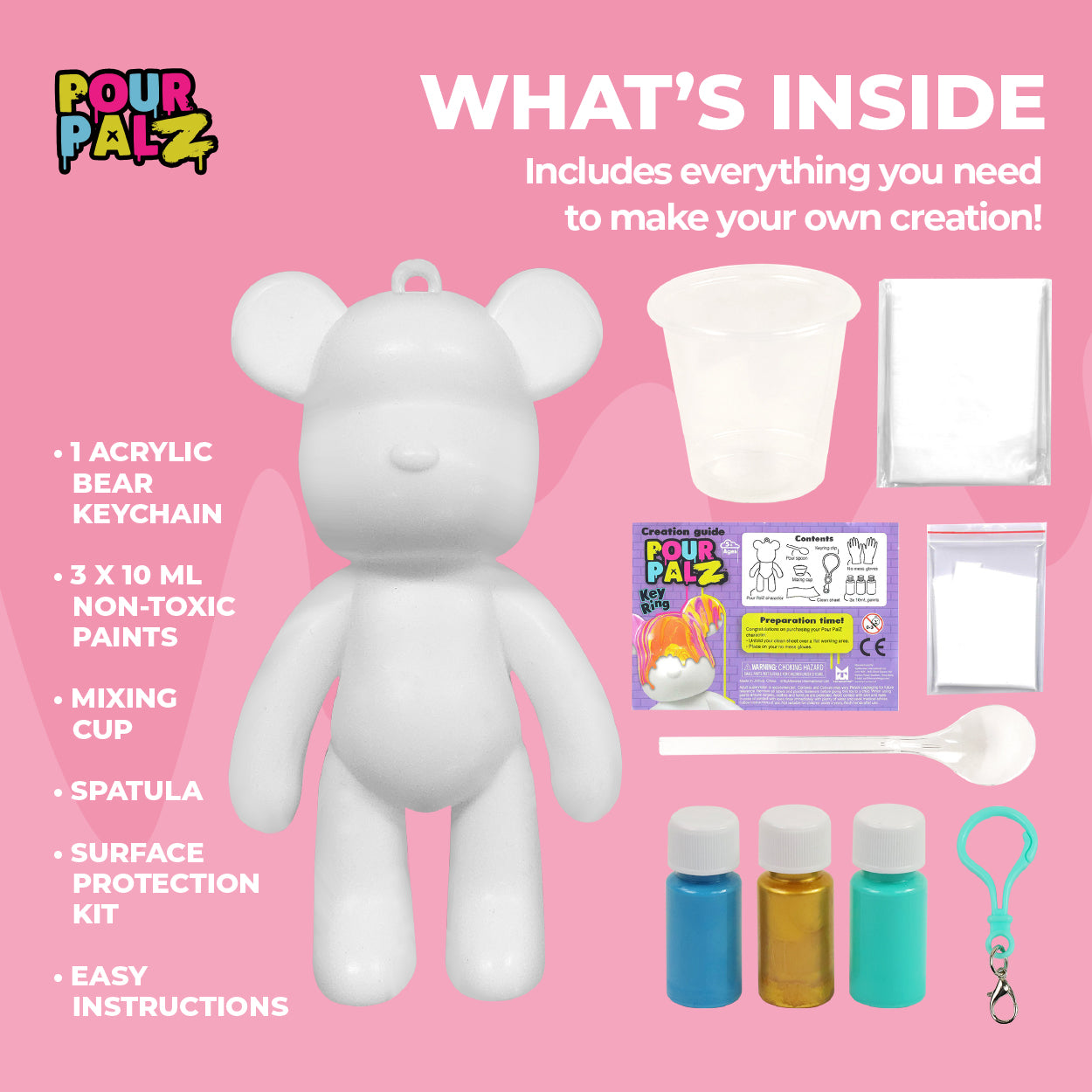 Pour Palz Mini Paint Bear Keychain Pouring Craft DIY Kit, Design Your Own Personalized Bear Keepsake