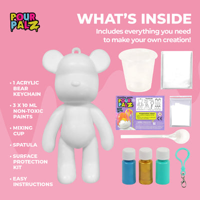 Pour Palz Mini Paint Bear Keychain Pouring Craft DIY Kit, Design Your Own Personalized Bear Keepsake