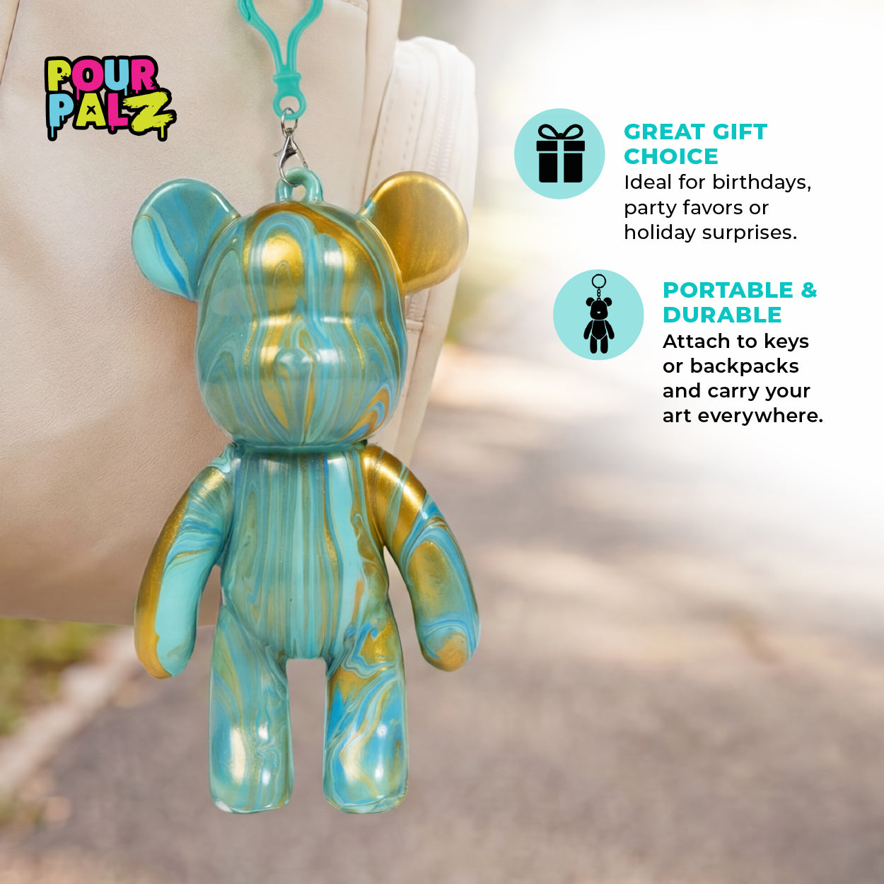 Pour Palz Mini Paint Bear Keychain Pouring Craft DIY Kit, Design Your Own Personalized Bear Keepsake