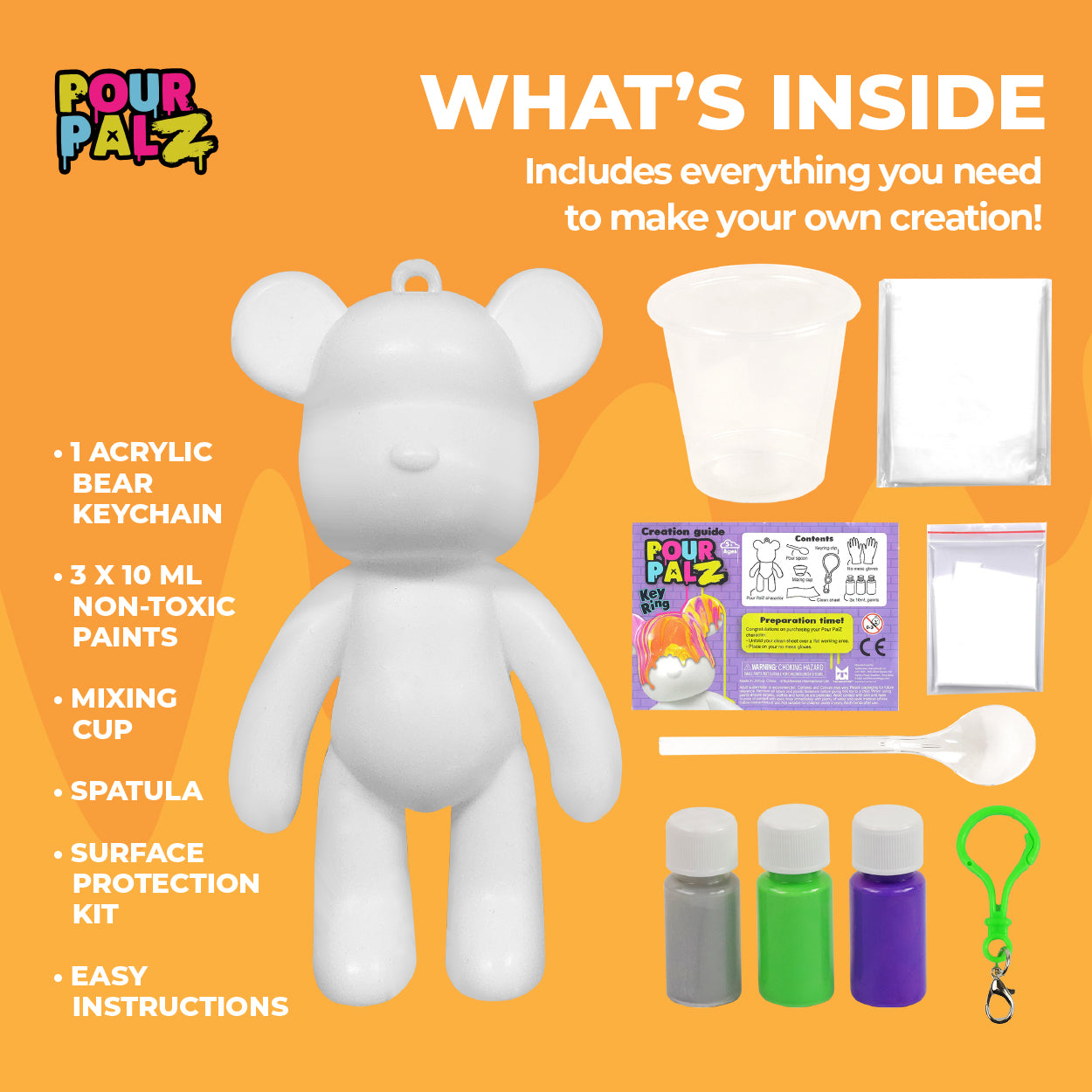 Pour Palz Mini Paint Bear Keychain Pouring Craft DIY Kit, Design Your Own Personalized Bear Keepsake