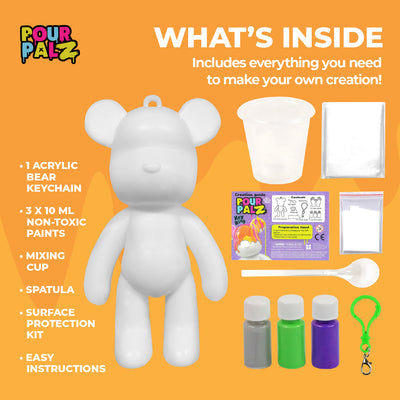 Pour Palz Mini Paint Bear Keychain Pouring Craft DIY Kit, Design Your Own Personalized Bear Keepsake