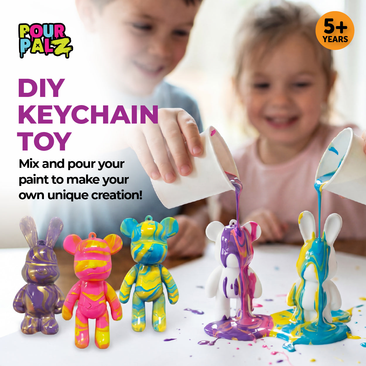 Pour Palz Mini Paint Bear Keychain Pouring Craft DIY Kit, Design Your Own Personalized Bear Keepsake