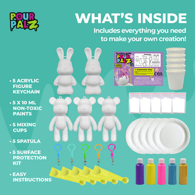 Pour Palz Mini Paint Bear Keychain Pouring Craft DIY Kit, Design Your Own Personalized Bear Keepsake