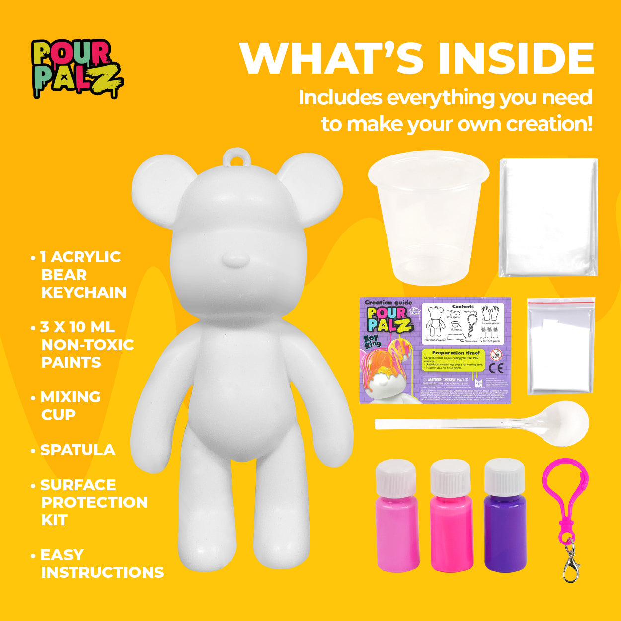Pour Palz Mini Paint Bear Keychain Pouring Craft DIY Kit, Design Your Own Personalized Bear Keepsake