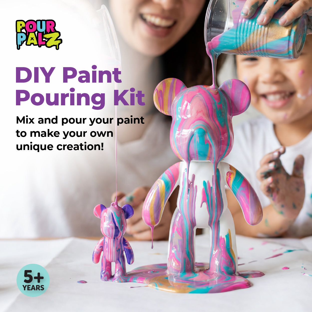 Pour Palz Mini Paint Bear Keychain Pouring Craft DIY Kit, Design Your Own Personalized Bear Keepsake