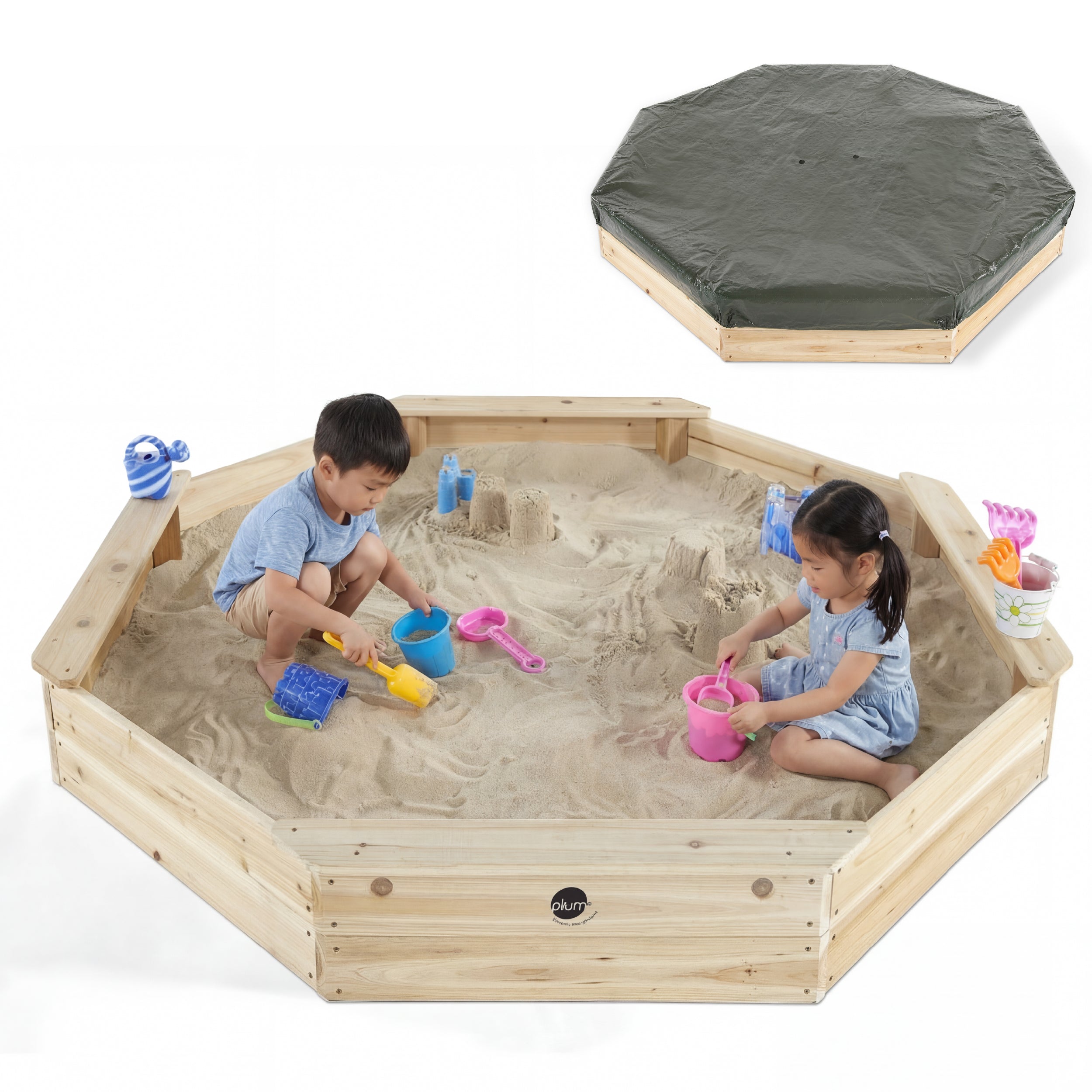 Plum Wooden Large Sandbox with Cover - Outdoor Octagon Sand Box for Kids, Toddler Sensory Toys