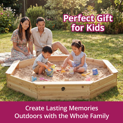 Plum Wooden Large Sandbox with Cover - Outdoor Octagon Sand Box for Kids, Toddler Sensory Toys