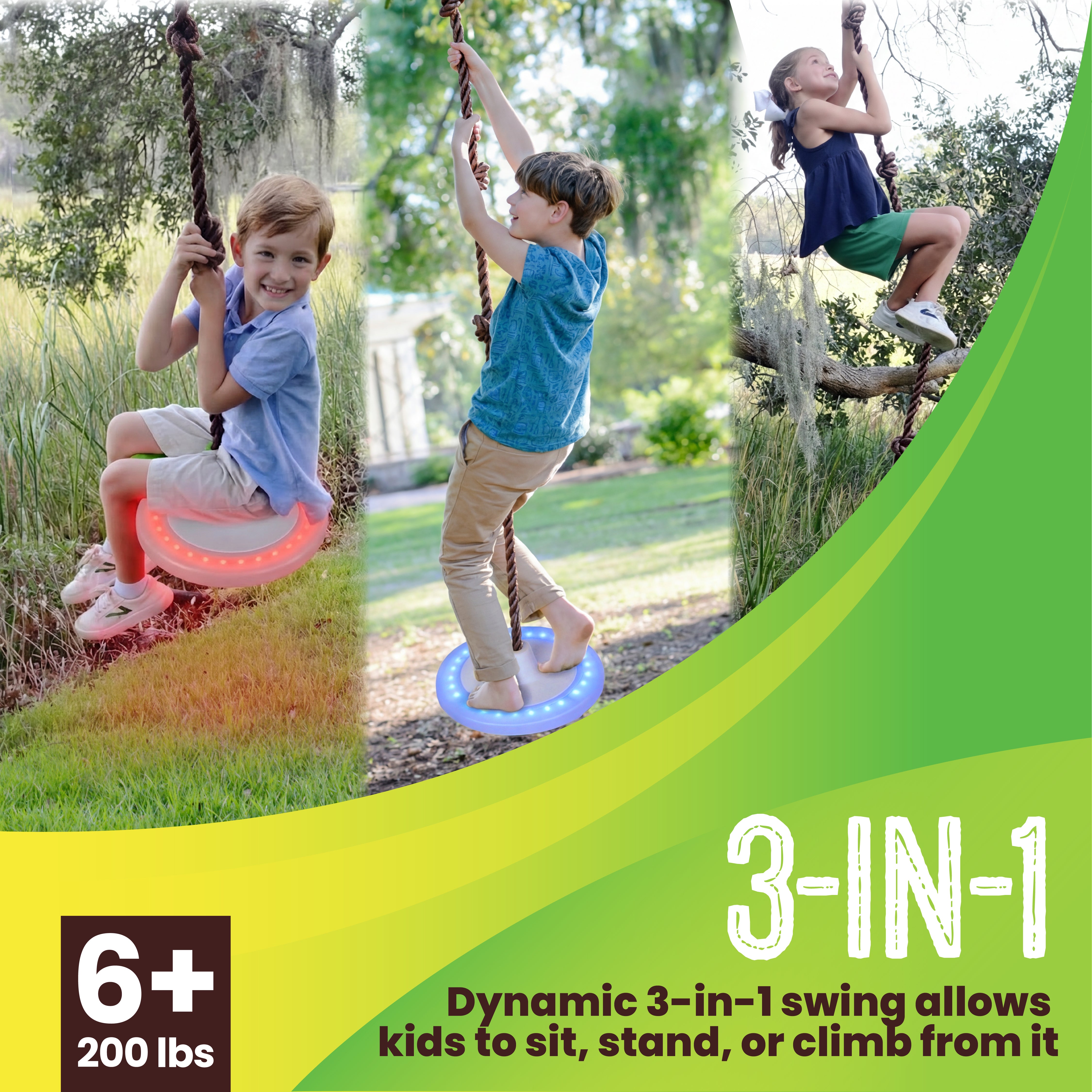 Swurfer Disco Tree Swing with LED Lights - Swing Sets for Backyard, Outdoor Swing, Swingset Outdoor for Kids, Easy Installation, Up to 200lbs