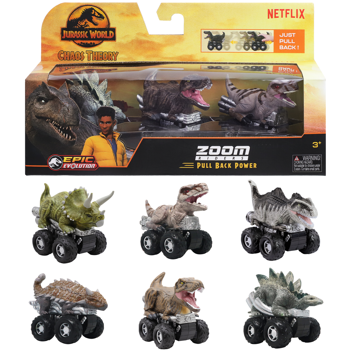 Jurassic World Chaos Theory Zoom Riders, 3 Surprise Eggs in 1 Box Dinosaur Toys for Kids 3+