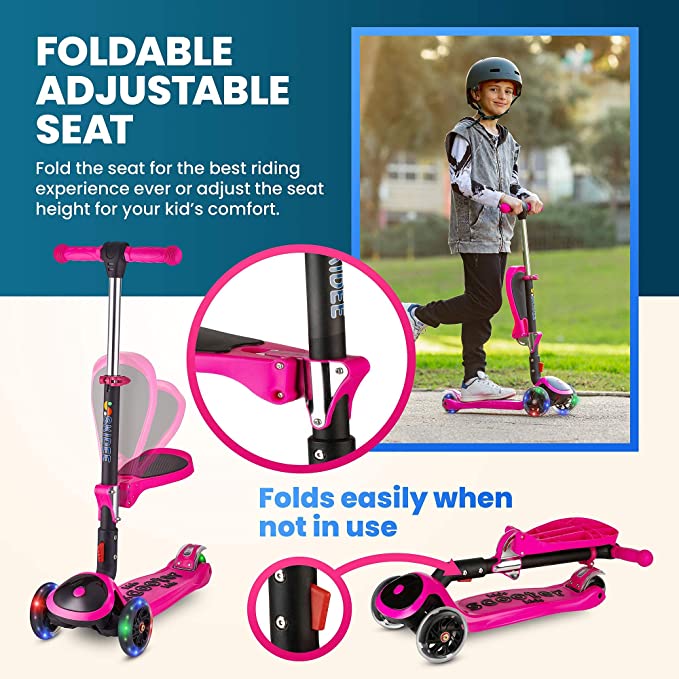 Y200 Kick Scooters for Kids Ages 3-5 (Suitable for 2-12 Year Old) Adjustable Height Foldable Scooter Removable Seat, 3 LED Light Wheels, Rear Brake, Wide Standing Board, Outdoor Activities for Boys/Girls