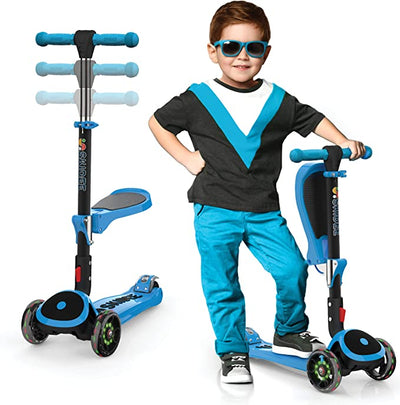 Y200 Kick Scooters for Kids Ages 3-5 (Suitable for 2-12 Year Old) Adjustable Height Foldable Scooter Removable Seat, 3 LED Light Wheels, Rear Brake, Wide Standing Board, Outdoor Activities for Boys/Girls