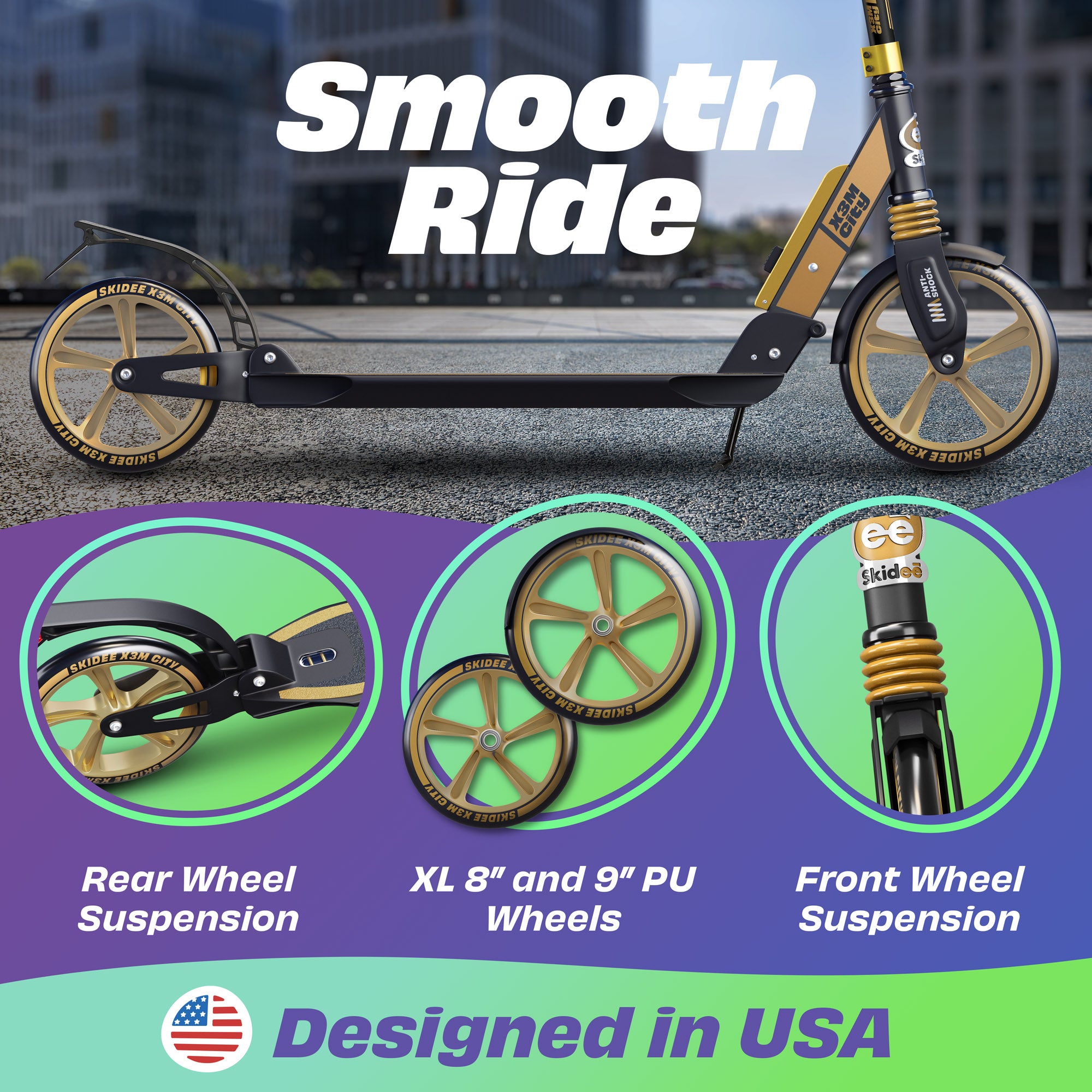 X3M Scooter for Kids Ages 6-12 - Scooters for Teens 12 Years and Up - Adult Scooter with Anti-Shock Suspension - Scooter for Kids 8 Years and Up with 4 Adjustment Levels Handlebar Up to 41 Inches High