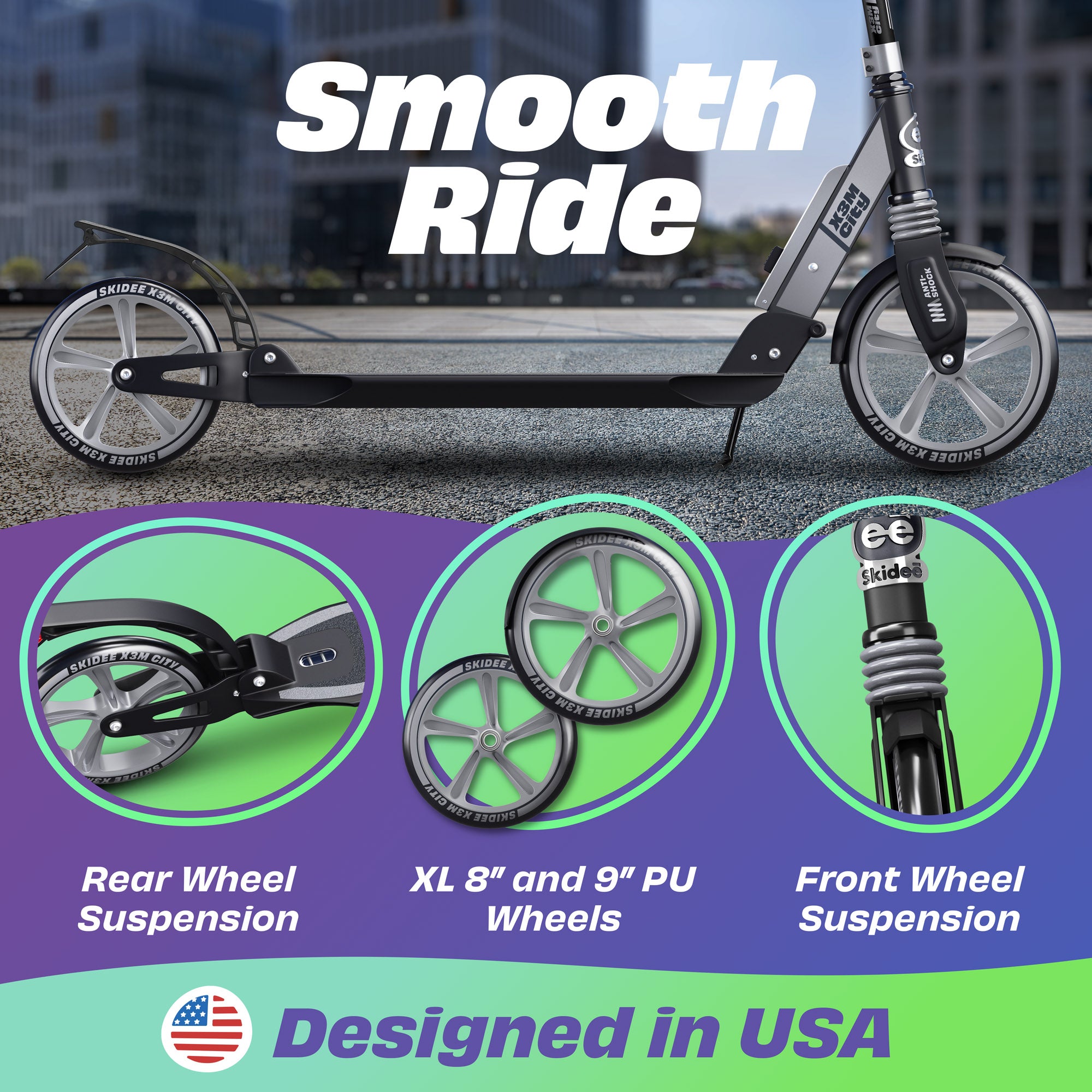 X3M Scooter for Kids Ages 6-12 - Scooters for Teens 12 Years and Up - Adult Scooter with Anti-Shock Suspension - Scooter for Kids 8 Years and Up with 4 Adjustment Levels Handlebar Up to 41 Inches High