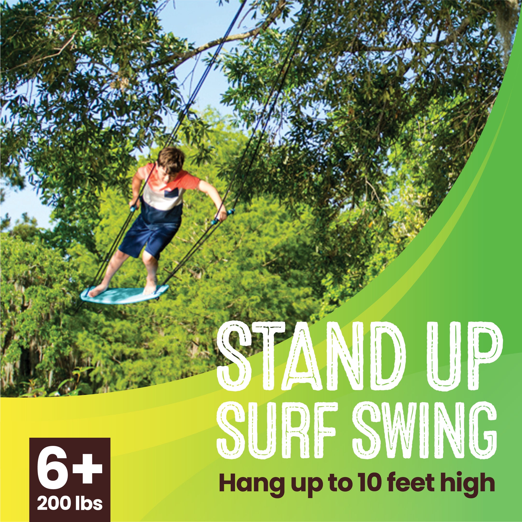Swurfer Kick Stand Up Surfing Tree Swing Outdoor Swings for Kids Up to 200 Lbs - Hang from Up to 10 Feet High