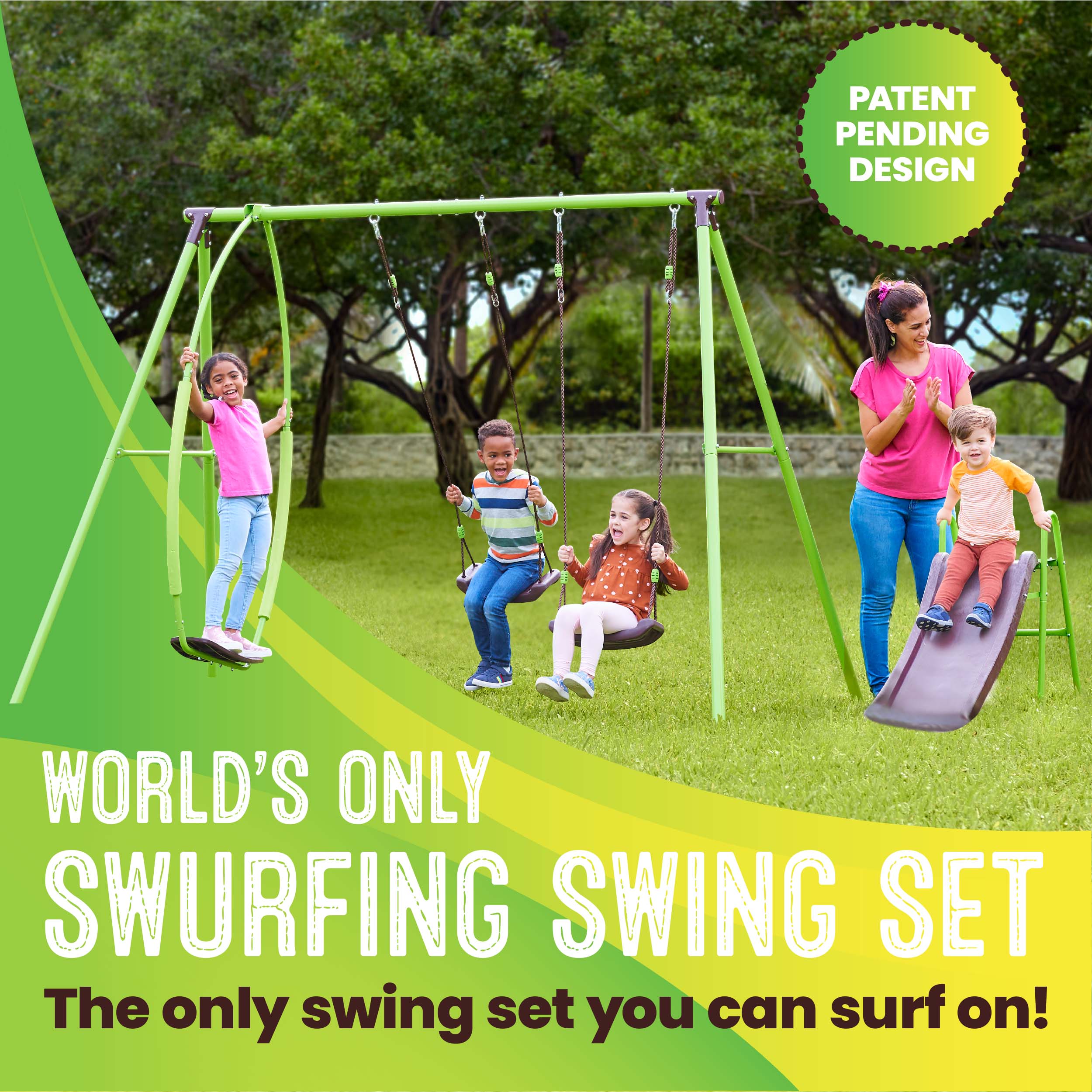 Swurfer Triple Steel Swing Set with Slide for Backyard, Playset for Kids 3 Years and Up, Holds 4 kids at once