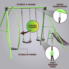 Triple Steel 3-in-1 Swing Set with Slide, Playset for Kids 3+, Holds 4 kids at once