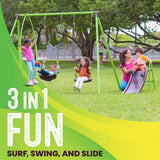 Load image into Gallery viewer, Swurfer Triple Steel Swing Set with Slide for Backyard, Playset for Kids 3 Years and Up, Holds 4 kids at once