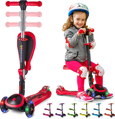 Y200 Kick Scooters for Kids Ages 3-5 (Suitable for 2-12 Year Old) Adjustable Height Foldable Scooter Removable Seat, 3 LED Light Wheels, Rear Brake, Wide Standing Board, Outdoor Activities for Boys/Girls