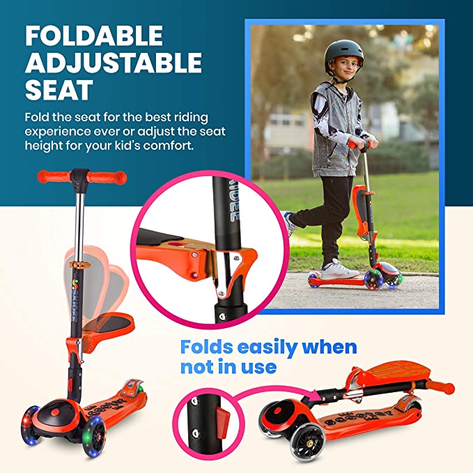 Y200 Kick Scooters for Kids Ages 3-5 (Suitable for 2-12 Year Old) Adjustable Height Foldable Scooter Removable Seat, 3 LED Light Wheels, Rear Brake, Wide Standing Board, Outdoor Activities for Boys/Girls
