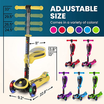 Y200 Kick Scooters for Kids Ages 3-5 (Suitable for 2-12 Year Old) Adjustable Height Foldable Scooter Removable Seat, 3 LED Light Wheels, Rear Brake, Wide Standing Board, Outdoor Activities for Boys/Girls