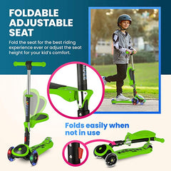 Y200 Kick Scooters for Kids Ages 3-5 (Suitable for 2-12 Year Old) Adjustable Height Foldable Scooter Removable Seat, 3 LED Light Wheels, Rear Brake, Wide Standing Board, Outdoor Activities for Boys/Girls