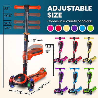 Y200 Kick Scooters for Kids Ages 3-5 (Suitable for 2-12 Year Old) Adjustable Height Foldable Scooter Removable Seat, 3 LED Light Wheels, Rear Brake, Wide Standing Board, Outdoor Activities for Boys/Girls