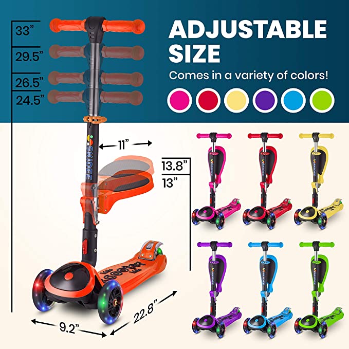 Y200 Kick Scooters for Kids Ages 3-5 (Suitable for 2-12 Year Old) Adjustable Height Foldable Scooter Removable Seat, 3 LED Light Wheels, Rear Brake, Wide Standing Board, Outdoor Activities for Boys/Girls