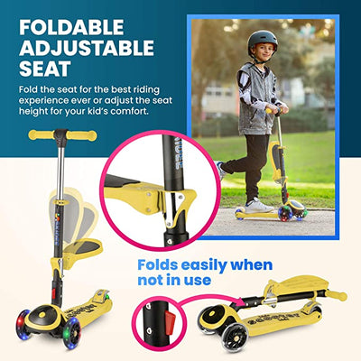 Y200 Kick Scooters for Kids Ages 3-5 (Suitable for 2-12 Year Old) Adjustable Height Foldable Scooter Removable Seat, 3 LED Light Wheels, Rear Brake, Wide Standing Board, Outdoor Activities for Boys/Girls