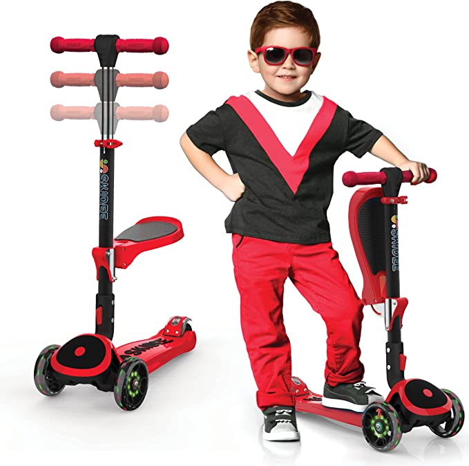 Y200 Kick Scooters for Kids Ages 3-5 (Suitable for 2-12 Year Old) Adjustable Height Foldable Scooter Removable Seat, 3 LED Light Wheels, Rear Brake, Wide Standing Board, Outdoor Activities for Boys/Girls