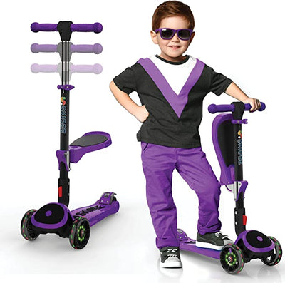 Y200 Kick Scooters for Kids Ages 3-5 (Suitable for 2-12 Year Old) Adjustable Height Foldable Scooter Removable Seat, 3 LED Light Wheels, Rear Brake, Wide Standing Board, Outdoor Activities for Boys/Girls