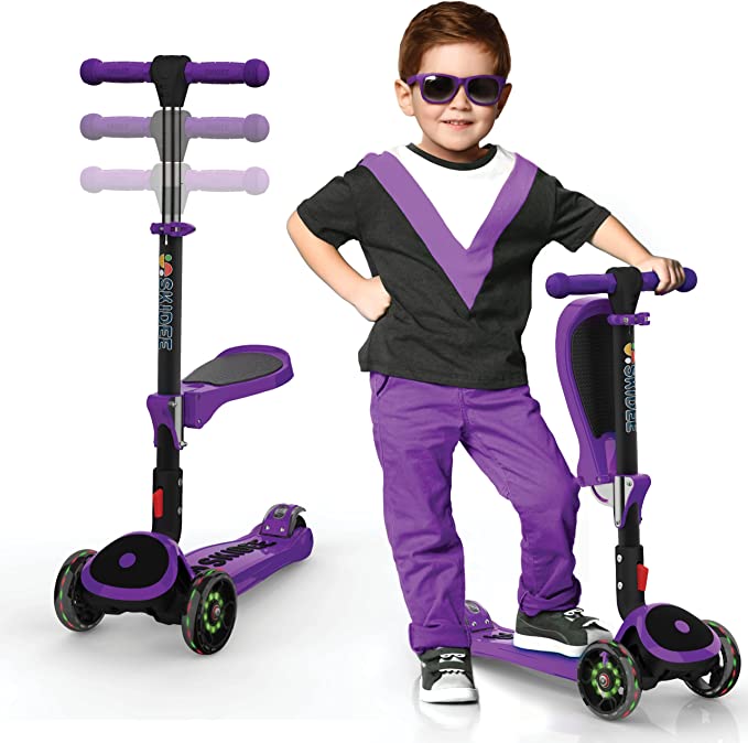 Y200 Kick Scooters for Kids Ages 3-5 (Suitable for 2-12 Year Old) Adjustable Height Foldable Scooter Removable Seat, 3 LED Light Wheels, Rear Brake, Wide Standing Board, Outdoor Activities for Boys/Girls